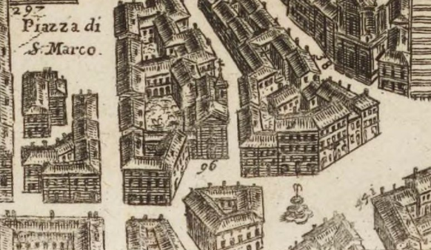 Eine handgezeichnete Stadtansicht mit mehreren Gebäuden in verschiedenen Architekturstilen, begleitet von handgeschriebener Text auf demselben Papier.