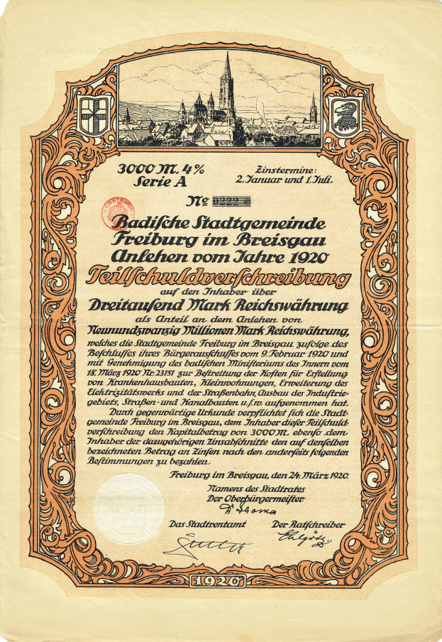 Altes deutsches Aktienzertifikat mit einer Stadtansicht und bedrucktem Text, der wahrscheinlich den Ursprung beschreibt.