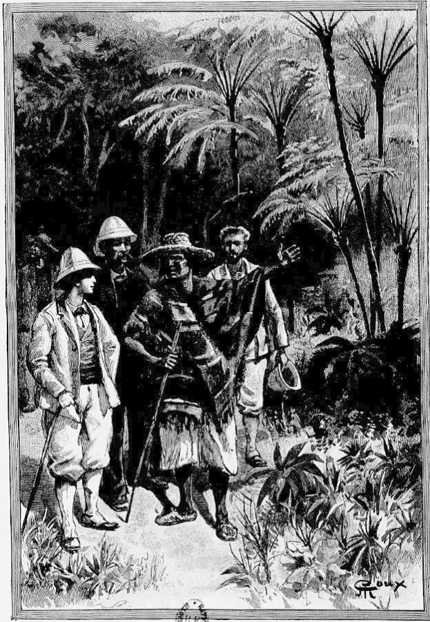 Eine Schwarz-Weiß-Illustration einer Gruppe von Menschen in traditioneller Kleidung und Hüten, die durch einen üppigen Wald gehen, mit dem Text "Die Rückkehr des Königs des Dschungels" unten.