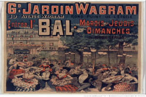 Plakat, das eine Tanzveranstaltung in Paris ankündigt, mit Menschen im Vordergrund, einem Gebäude, Bäumen, Laternenpfählen und einem Zaun im Hintergrund und Text, der das Ereignis beschreibt.