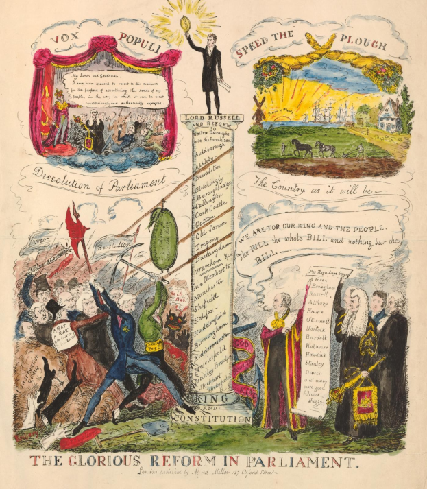 Eine bunte Papierillustration mit der Überschrift "Die glorreiche Reform im Parlament", die mutige Schrift und verschiedene, strahlende Menschen zeigt, symbolisiert Hoffnung und Fortschritt.