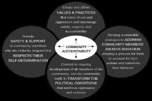 Ein Diagramm mit der ├ťberschrift "Gemeinschaftliche Rechenschaft" und einem zentralen Kreis, der über Pfeile mit drei überlappenden Kreisen verbunden ist, alles in starken, leuchtenden Farben.