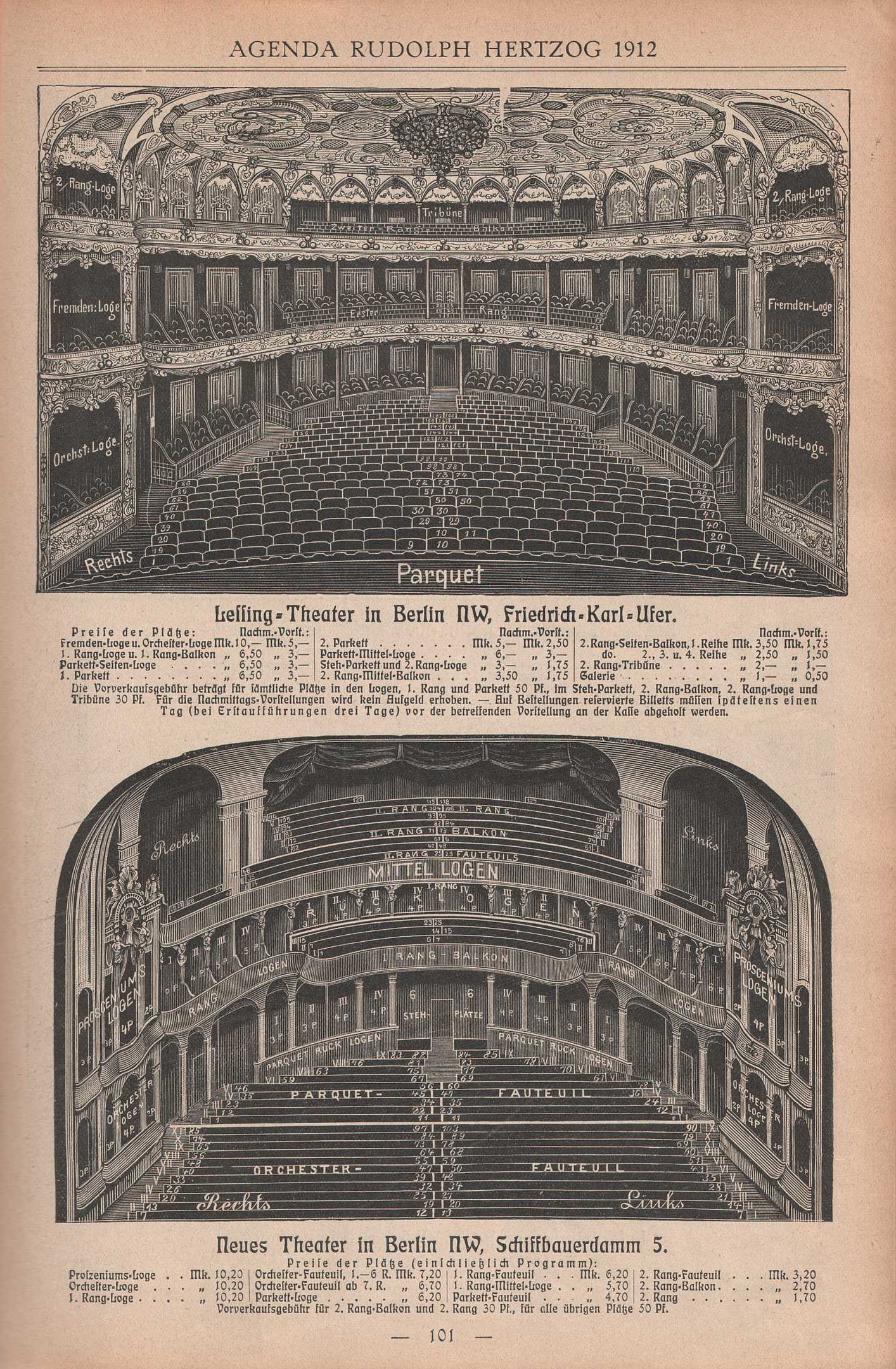 Altes Buch mit einer 1912 gefertigten Zeichnung und Layout-Details eines großen Berliner Auditoriums