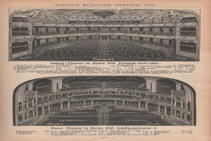 Altes Buch mit einer 1912 gefertigten Zeichnung und Layout-Details eines großen Berliner Auditoriums