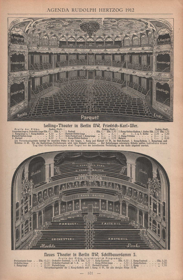 Altes Buch mit einer 1912 gefertigten Zeichnung und Layout-Details eines großen Berliner Auditoriums