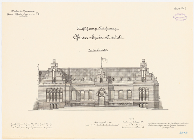 Eine Zeichnung des Hauptsaals des Deutschen Bundestages in Berlin, gekrönt von einer Flagge, begleitet von Text.