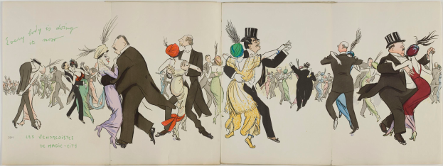 Ein aufgeschlagenes Buch mit einer Zeichnung einer Gruppe von Menschen in bunten Kostümen unter einem klaren blauen Himmel mit weißen Wolken, mit der Aufschrift 'Les Vendredières de Magic City' auf der linken Seite.