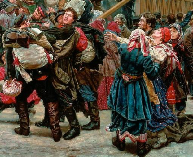 Ein Gemälde, das eine Gruppe von Menschen zeigt, die vor einer Menge tanzen, einige halten Gegenstände, mit einem hölzernen Haus im Hintergrund, das während der russischen Revolution spielt und Personen in traditioneller russischer Kleidung zeigt.