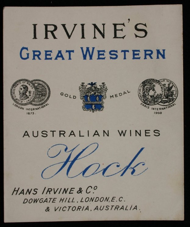 Plakat, das Irvines großartige westaustralische Weine bewirbt und den Text und Logos des Unternehmens enthält.