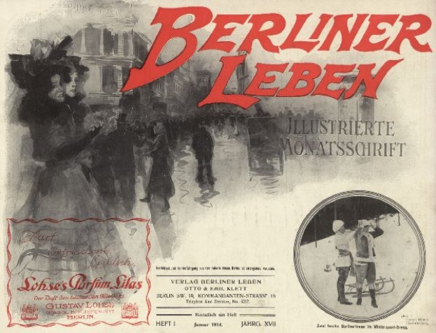 Altes Buch mit dem Titel 'Berliner Leben' mit einem Foto von Menschen in traditioneller deutscher Kleidung auf dem Cover und Text, der seinen Inhalt beschreibt.