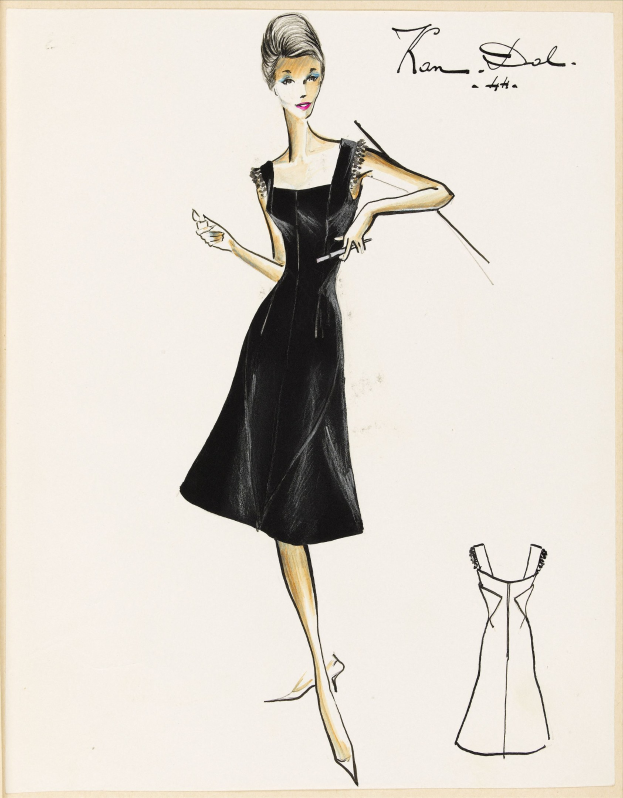 Eine Schwarz-Weiß-Skizze einer Frau in einem knielangen schwarzen Kleid mit einer eng anliegenden Taille und einem weiten Rock, die schwarze High Heels und eine glatte Hochsteckfrisur trägt und zur Seite schaut.