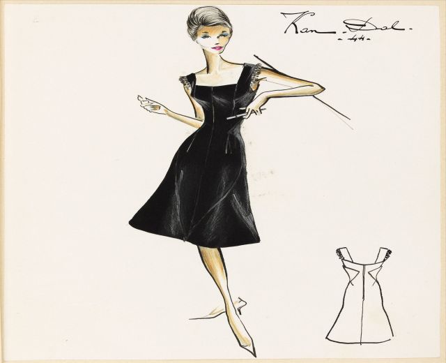 Eine Schwarz-Weiß-Skizze einer Frau in einem knielangen schwarzen Kleid mit einer eng anliegenden Taille und einem weiten Rock, die schwarze High Heels und eine glatte Hochsteckfrisur trägt und zur Seite schaut.