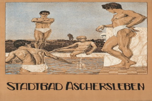 Ein Plakat, das ein Schwimmbad in Aschersleben, Deutschland, bewirbt und Menschen im Wasser zeigt sowie Text über die Einrichtungen des Bades.