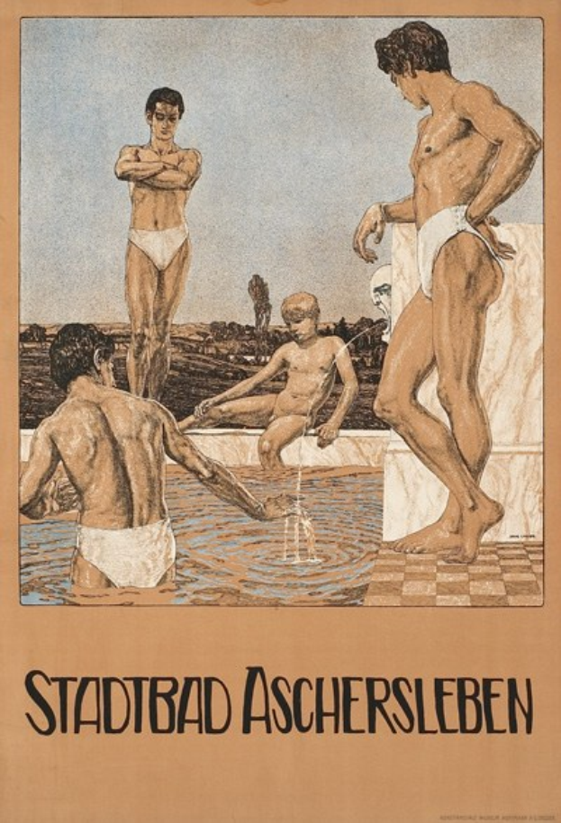 Ein Plakat, das ein Schwimmbad in Aschersleben, Deutschland, bewirbt und Menschen im Wasser zeigt sowie Text über die Einrichtungen des Bades.
