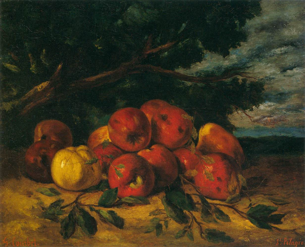 Ein Bild mit dem Titel "Naturstillleben mit Äpfeln und Birnen" von St. Pelagre, das ein Stillleben von Äpfeln und Birnen auf einem Tisch zeigt, mit einem Baum im Hintergrund und einem bewölkten Himmel.