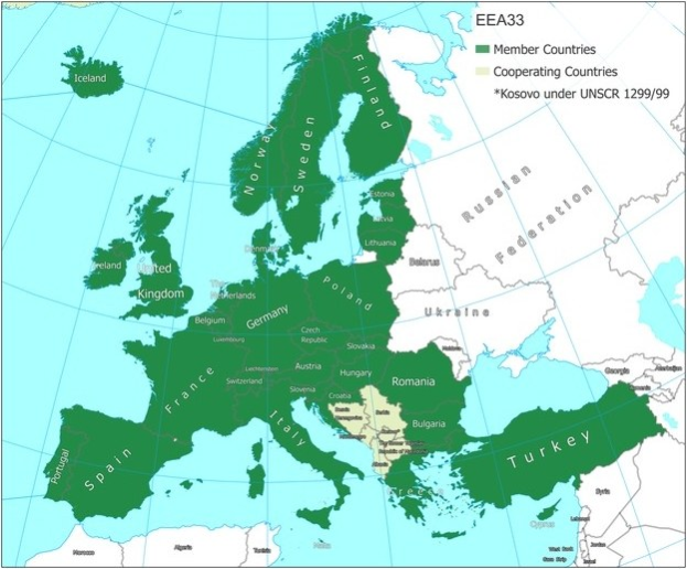 Ein detailliertes Kartenbild von Europa, das die Mitgliedstaaten der Europäischen Union mit beschrifteten Grenzen, Städten, Flüssen und geografischen Merkmalen hervorhebt.