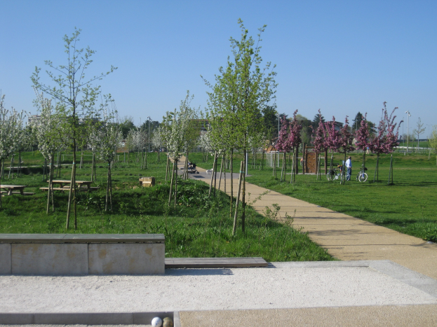 Ein Park mit einem gewundenen Pfad, gesäumt von Bäumen und Bänken, Menschen auf Fahrrädern, Gebäuden im Hintergrund und einem klaren blauen Himmel über saftig grünem Gras.