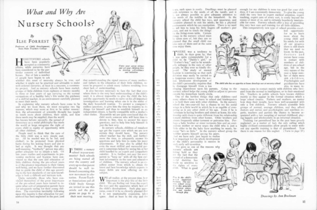 Ein offenes Buch mit einer Zeichnung von Kindern, die in einer Kita spielen, begleitet von Text und einer Tabelle mit verschiedenen Gegenständen.