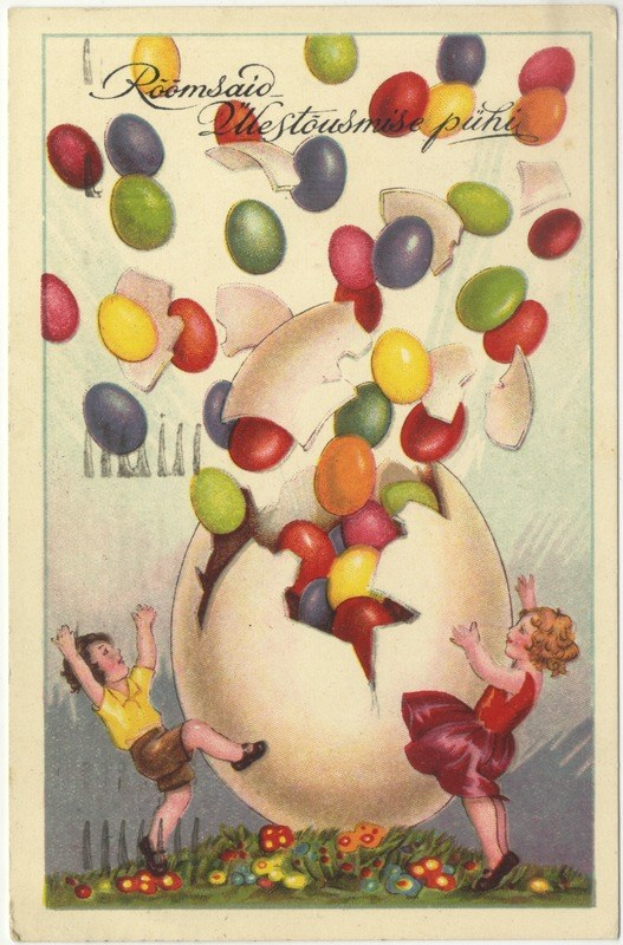 Alte Postkarte mit zwei Kindern, die mit bunten Ostereiern spielen, umgeben von leuchtenden Farben, mit Text auf der Karte.