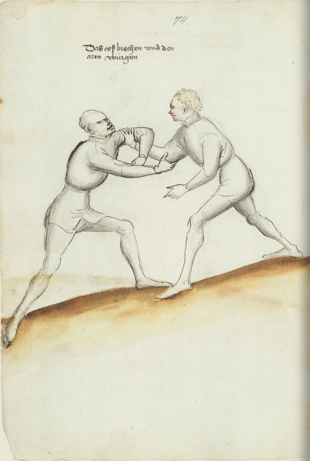 Zwei Männer streiten, einer schlägt den anderen, der auf einem Blatt Papier mit Text steht.