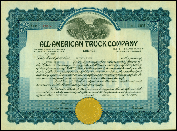 Ein Aktienzertifikat einer US-amerikanischen Lkw-Firma mit schwarzem Rand und goldenem Siegel in der Mitte, das gedruckte Text enthält, der die Unternehmensinformationen beschreibt.