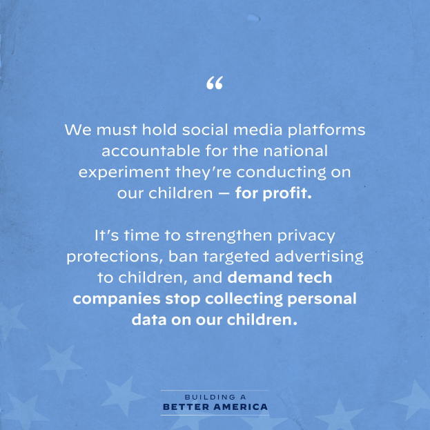 Plakat mit einem Zitat aus "Building a Better America", das die Auswirkungen von Social-Media-Plattformen auf Kinder kritisiert, dekoriert mit Sternen.
