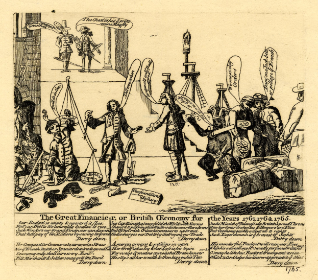 Ein Blatt Papier mit einer Zeichnung einer Gruppe von Menschen, einige halten Gegenstände, und ein Titel "Der große Finanzier oder britische Ökonomie für die Jahre 1763-1765".