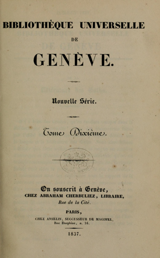 Altes Buch mit dem Titel 'Bibliothèque Universelle de Geneve' geöffnet und zeigt gedruckten Text.