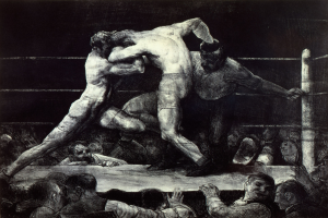 Schwarze und weiße Zeichnung von zwei Boxern im Ring, einer schlägt den anderen, umgeben von einer jubelnden Menge.