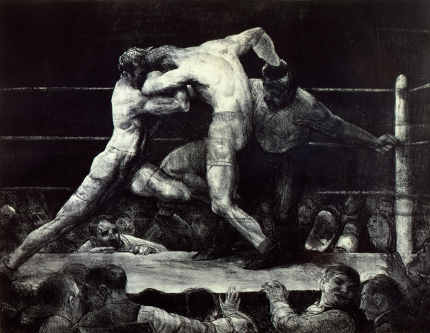 Schwarze und weiße Zeichnung von zwei Boxern im Ring, einer schlägt den anderen, umgeben von einer jubelnden Menge.