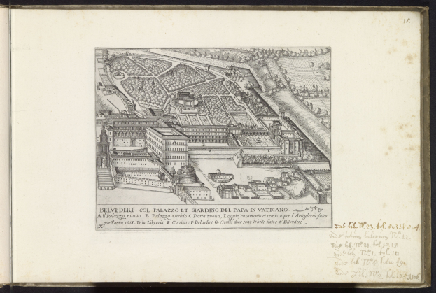 Ein aufgeschlagenes Buch mit einer detaillierten Zeichnung einer Stadtlandschaft mit Geb├Ąuden, Stra├čen und anderen Merkmalen sowie begleitendem Text.