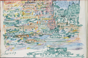 Ein Buchumschlag mit einer illustrierten Stadtansicht mit Gebäuden, Fahrzeugen, Menschen, einem Brunnen und Text.