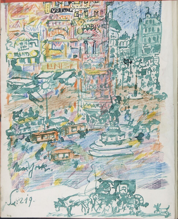 Ein Buchumschlag mit einer illustrierten Stadtansicht mit Gebäuden, Fahrzeugen, Menschen, einem Brunnen und Text.