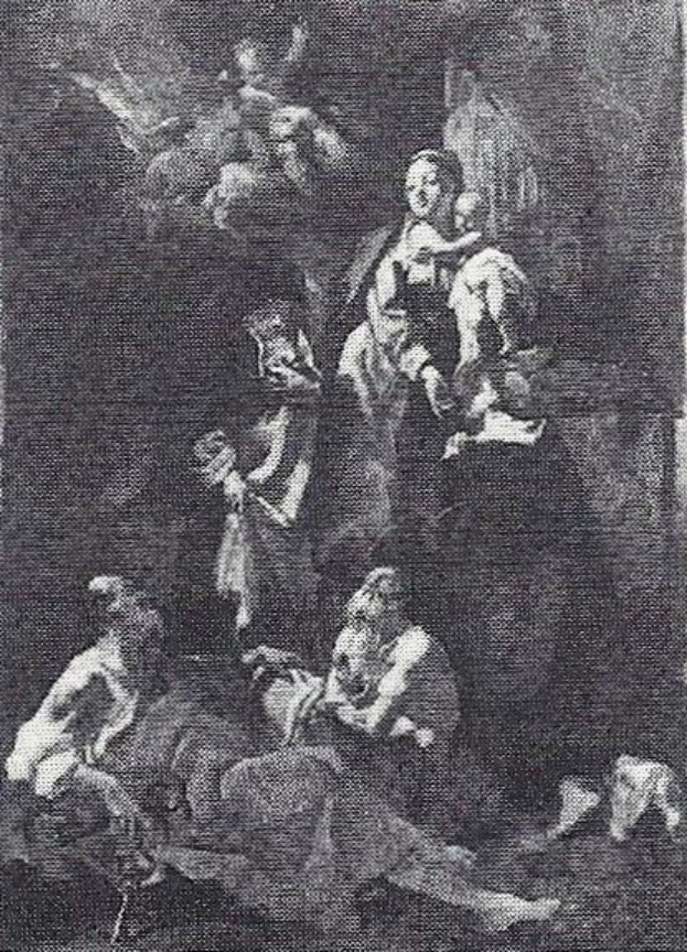 Schwarze und weiße Zeichnung einer Gruppe von Menschen in einem Raum, die die Anbetung der Heiligen Drei Könige mit realistischen, detaillierten Figuren und leuchtenden Farben darstellt.