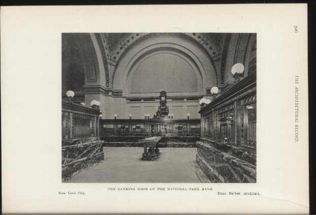 Ein Schwarz-Weiß-Foto der Bankhalle der National Park Bank in New York City, das Tische, Lampen und eine Wanduhr zeigt, mit Text am unteren Bildrand.