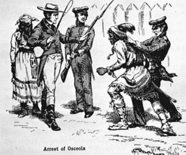 Eine Schwarz-Weiß-Zeichnung einer Gruppe von Menschen, einige halten Waffen, mit dem Text "Arrest von Osceola" unten.