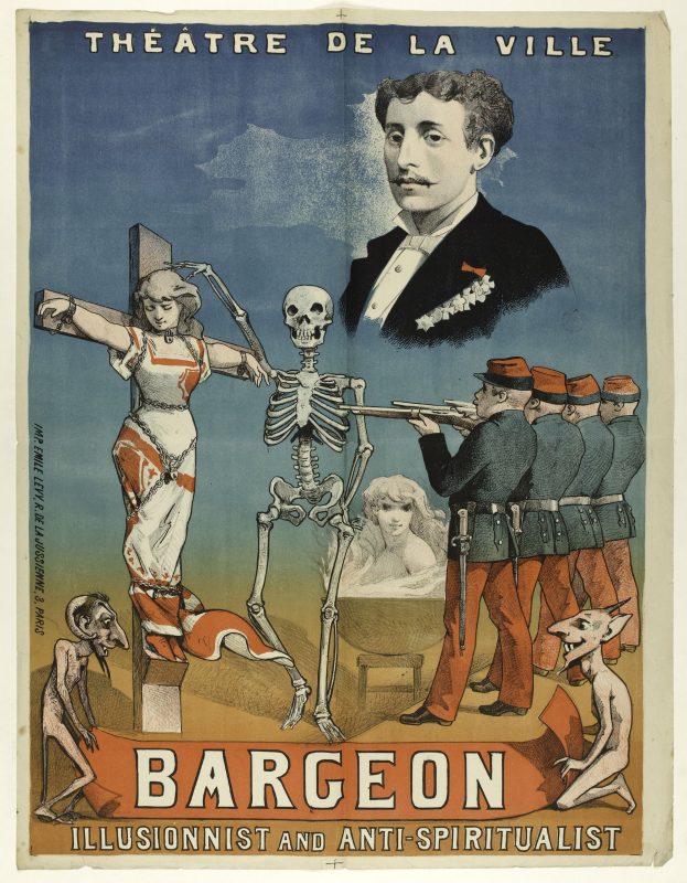 Plakat für das Théâtre de la Ville in Paris mit einem Skelett mit ausgestreckten Armen, umgeben von aufgeregten Menschen, mit fetter Schrift "Bargeon Illusionist und Anti-Spiritualist".