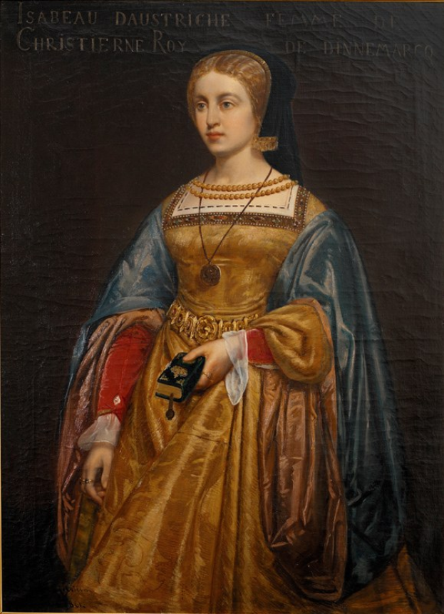Gemälde von Isabella daustriche in einem goldenen Kleid mit detailreichen Verzierungen, Haar zu einem Knoten gebunden, majestätisch mit einem friedlichen Ausdruck, von Christierne Roy.