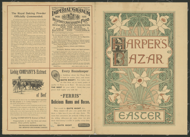 Ein aufgeschlagenes Buch mit einer Harper's Bazaar-Ostersonntagsanzeige, umgeben von Text und Bildern von farbenfrohen Blumen.