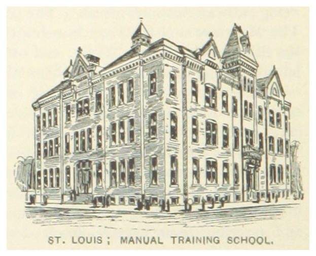 Eine Zeichnung der St. Louis Manual Training School mit ein paar Menschen davor, und Text unten.