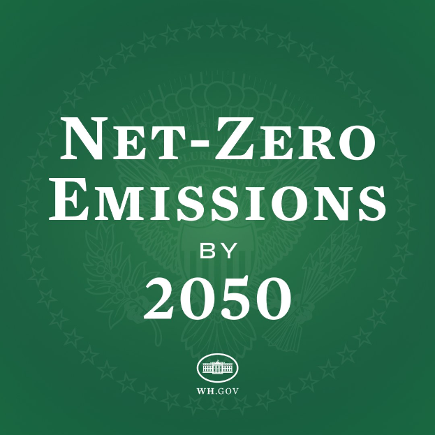 Grünes Hintergrundbild mit fetter weißer Schrift, die 'netto-null-Emissionen bis 2050' lautet