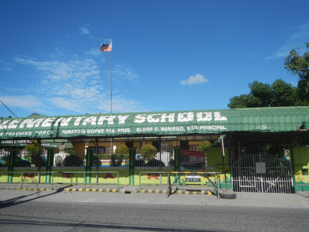 Ein Schulgebäude mit einem grünen Dach, einer Flagge oben drauf, umgeben von einem Metallzaun, Bäumen, Pflanzen, einer Fahne, Pfosten, Drähten und einem bewölkten Himmel.