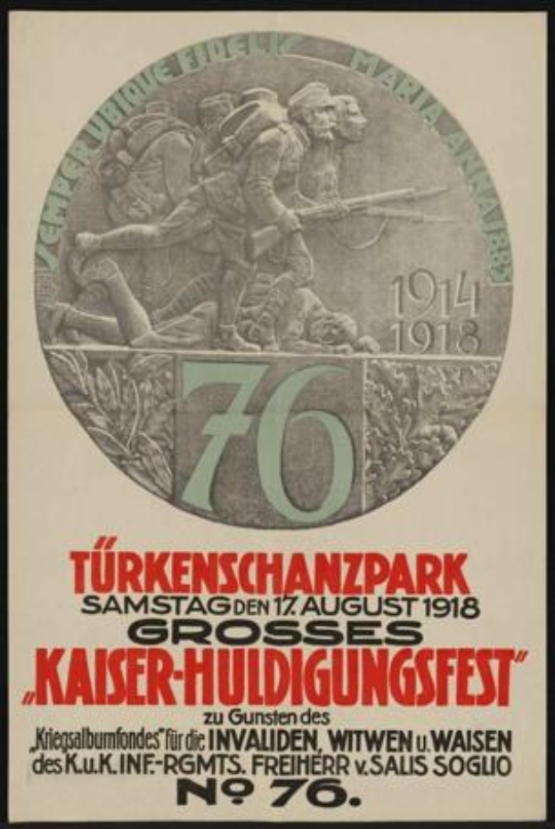 Plakat zum 70. Jubiläum des Kaiser-Huldigungsfestes in Berlin, Deutschland, mit einer Gruppe von Menschen in der Mitte, umrahmt von Text und Zahlen in einem klassischen Foto Rahmen.