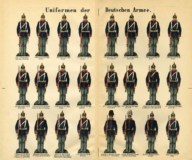 Ein Buch mit einem Raster verschiedener deutscher Armee-Uniformen, jede mit eigenen Farben und Mustern, sowie beschreibendem Text zu ihren Abzeichen und Rängen.