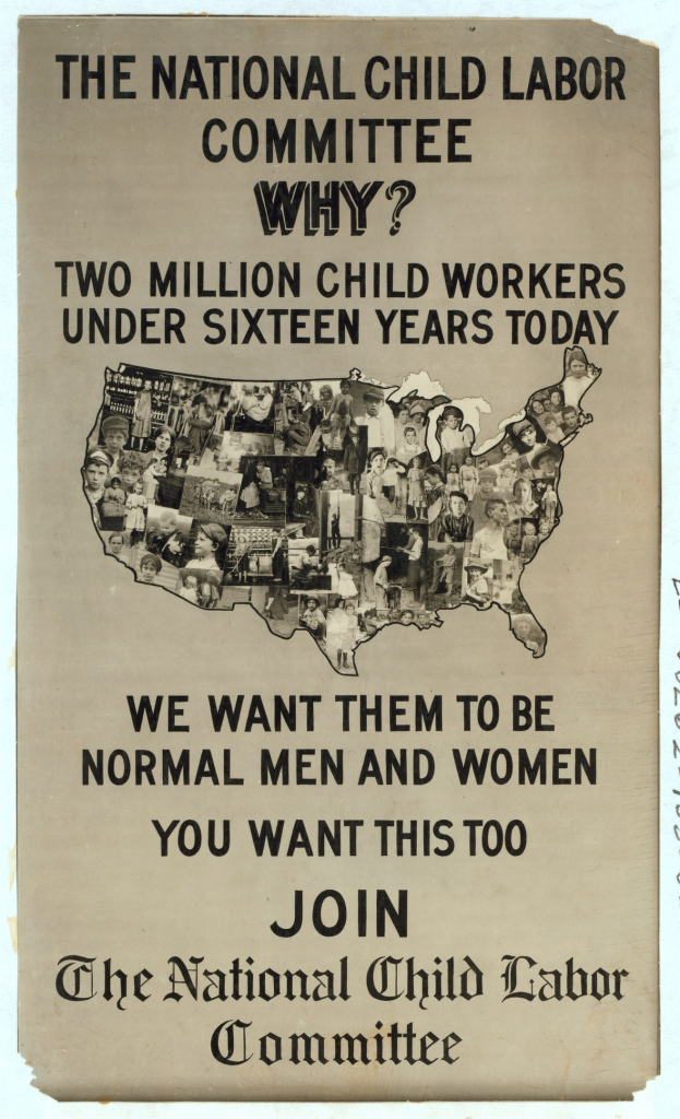 Plakat mit der Überschrift "Das Nationale Komitee für Kinderarbeit: Warum? Zweieinhalb Millionen Kinderarbeiter unter sechzehn Jahren heute" mit einer Karte der USA und Illustrationen von Komiteemitgliedern.