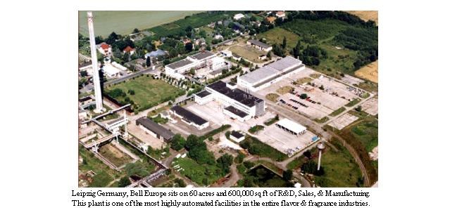 Luftaufnahme eines großen Industriegebiets in Leipzig, Deutschland, beschriftet mit "Bell Europe", das Gebäude, Grünflächen, Straßen und Infrastruktur zeigt.