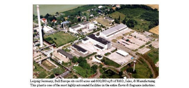 Luftaufnahme eines großen Industriegebiets in Leipzig, Deutschland, beschriftet mit "Bell Europe", das Gebäude, Grünflächen, Straßen und Infrastruktur zeigt.