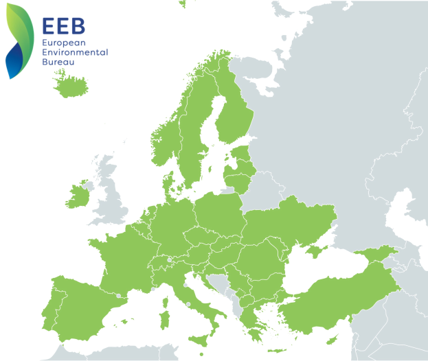 Karte von Europa mit dem Logo des European Environmental Bureau in der linken oberen Ecke, in verschiedenen Grüntönen schattiert, um die EU-Regionen anzuzeigen.