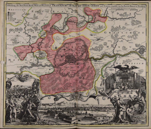 Ein altes Buch mit einer zentralen Deutschlandkarte, umgeben von Illustrationen und Texten, die einen klassischen und zeitlosen Look vermitteln.