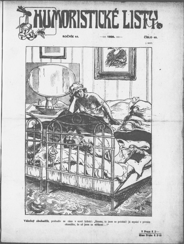 Schwarz-weiß-Illustration einer Person, die auf einem Bett liegt, mit einem Spiegel auf dem Nachttisch und einem Rahmen an der Wand, begleitet von Text, der "humoristische liste - tschechoslowakei - april 20, 1920" an der Ober- und Unterseite liest.